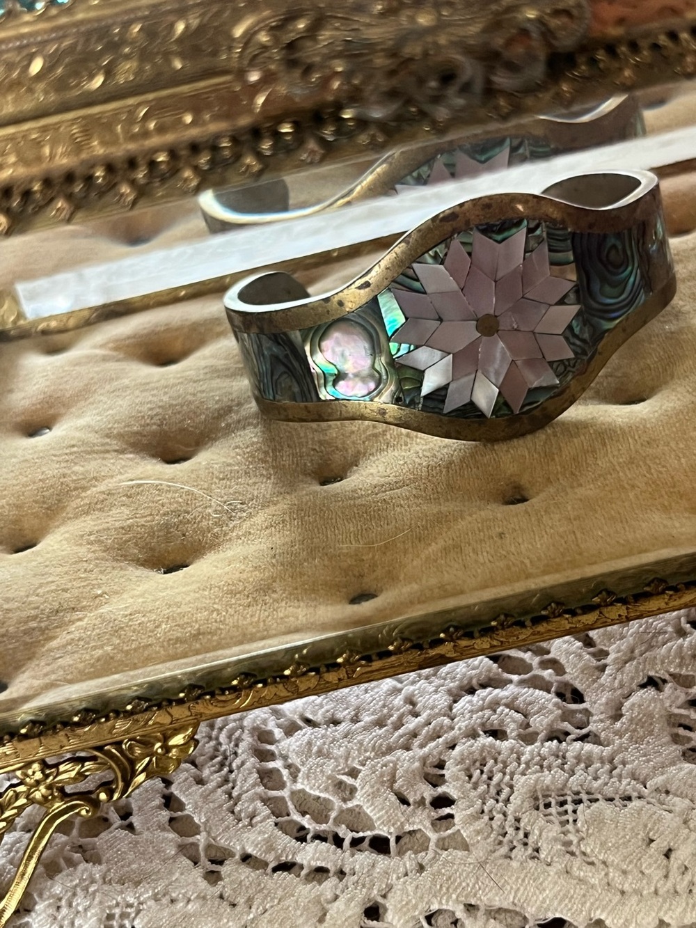 VINTAGE BRACELET abalone flower Mexican cuff - Picture 2 of 16